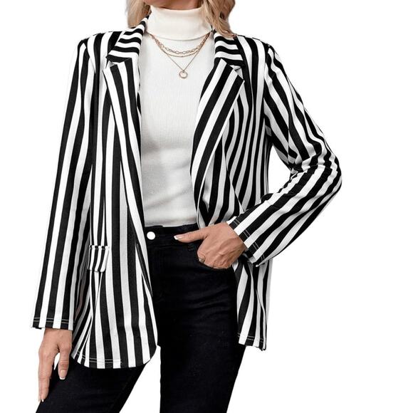 NWT Floerns Women's Blazer Work Suit Jacket Black White Striped Small Office - Picture 1 of 6